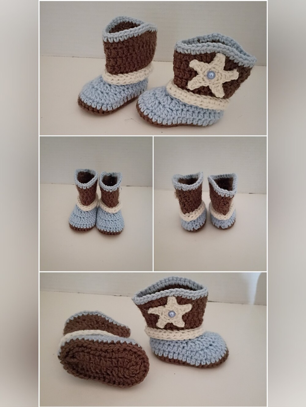 Handmade Crochet Baby Boy Blue Cowboy Booties 0-3 Months - Picture 3 of 3